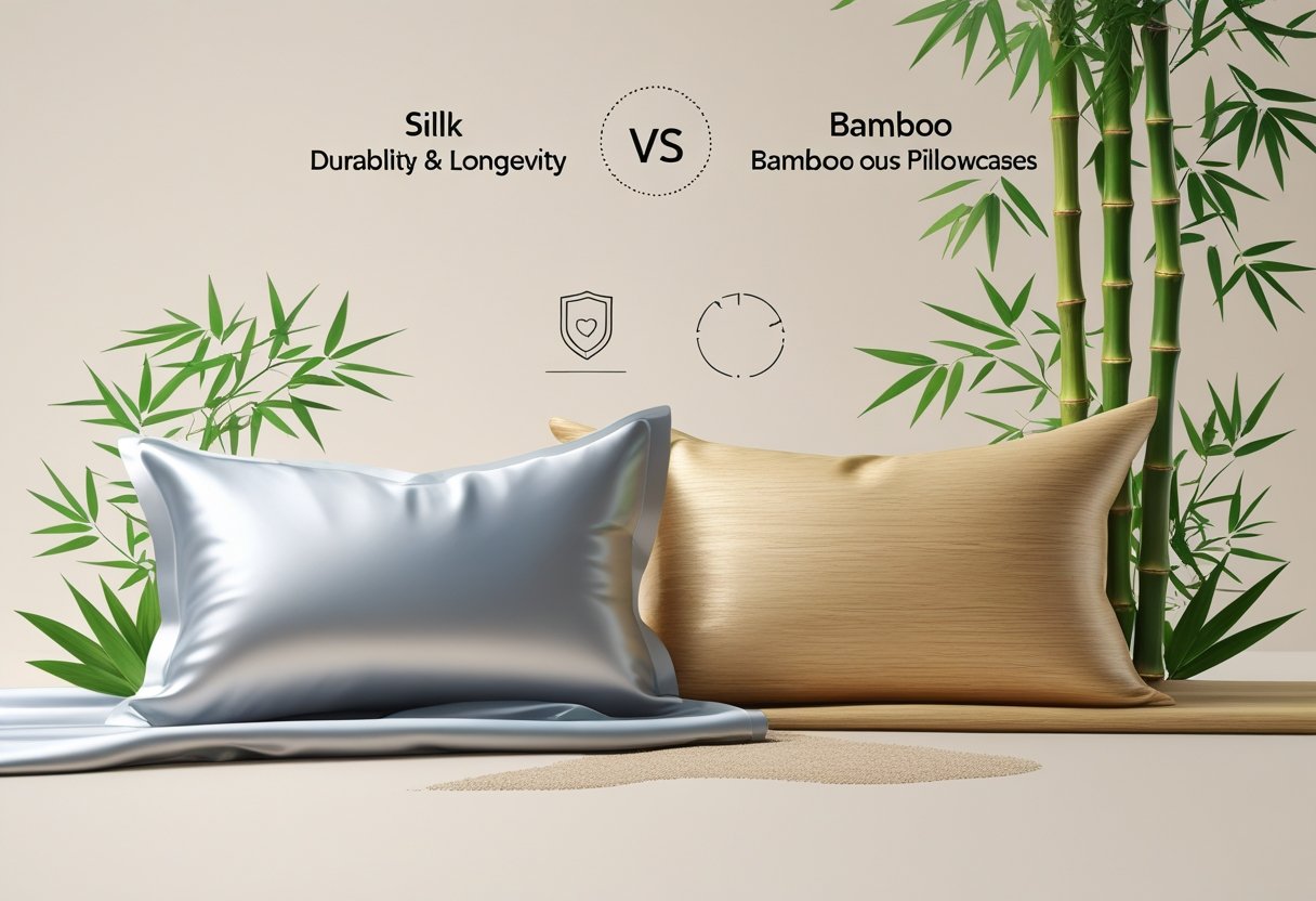Two pillowcases side by side, one made of shiny silk and the other made of textured bamboo fabric, with icons representing durability and longevity.