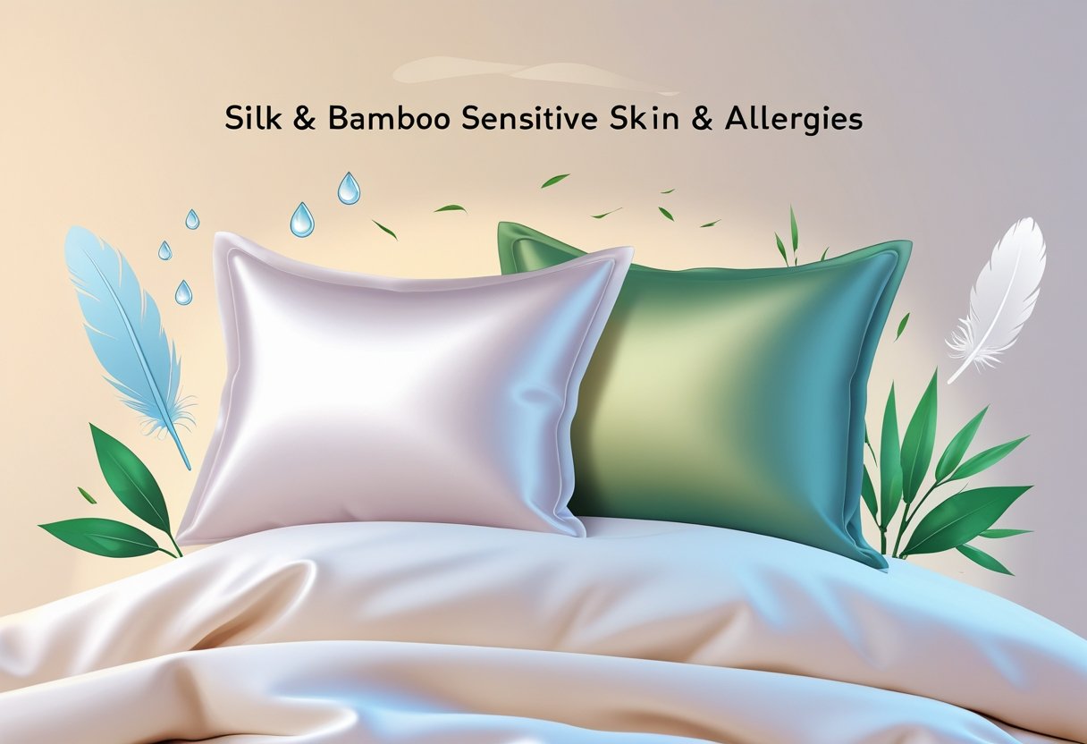 Two pillowcases side by side on a bed, one smooth and shiny representing silk, the other matte and natural representing bamboo, with symbols indicating softness and breathability.