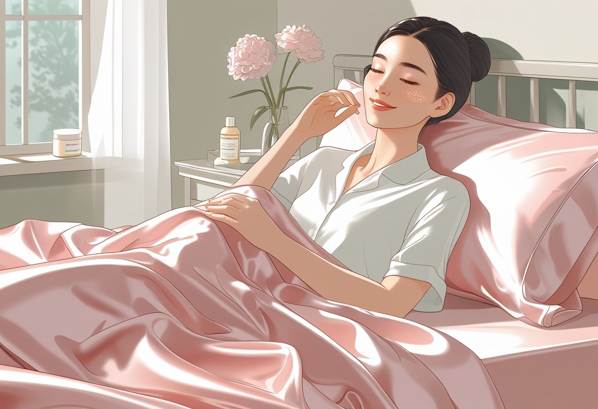 A woman with clear skin gently touching smooth silk sheets on a bed in a softly lit bedroom.