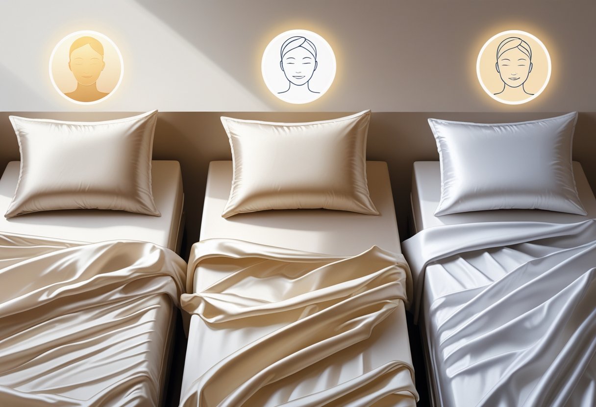 Three beds side by side with different sheets: silk, cotton, and polyester, each showing varying effects on skin health through simple icons above them.