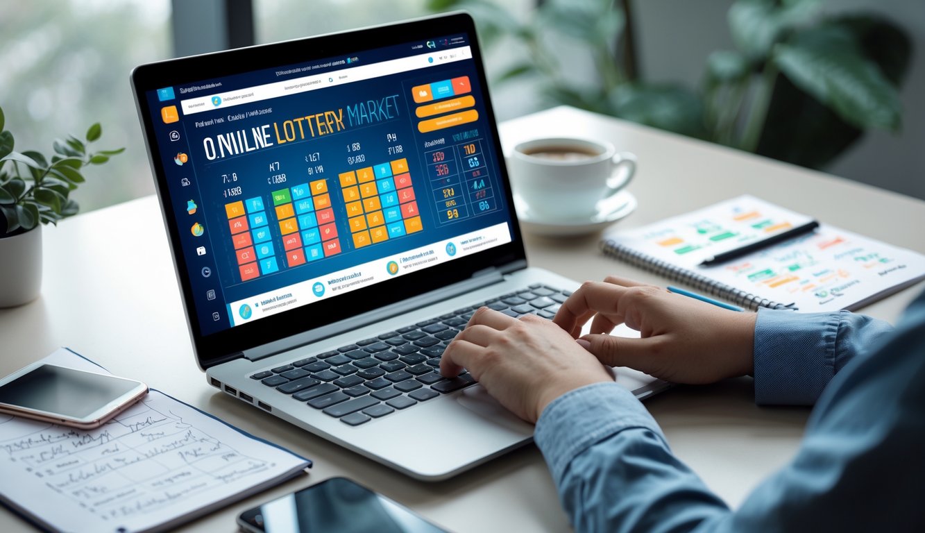 Seorang pria atau wanita sedang menggunakan laptop di meja kerja dengan layar menampilkan situs lotere online, dikelilingi oleh kopi, ponsel, dan catatan.