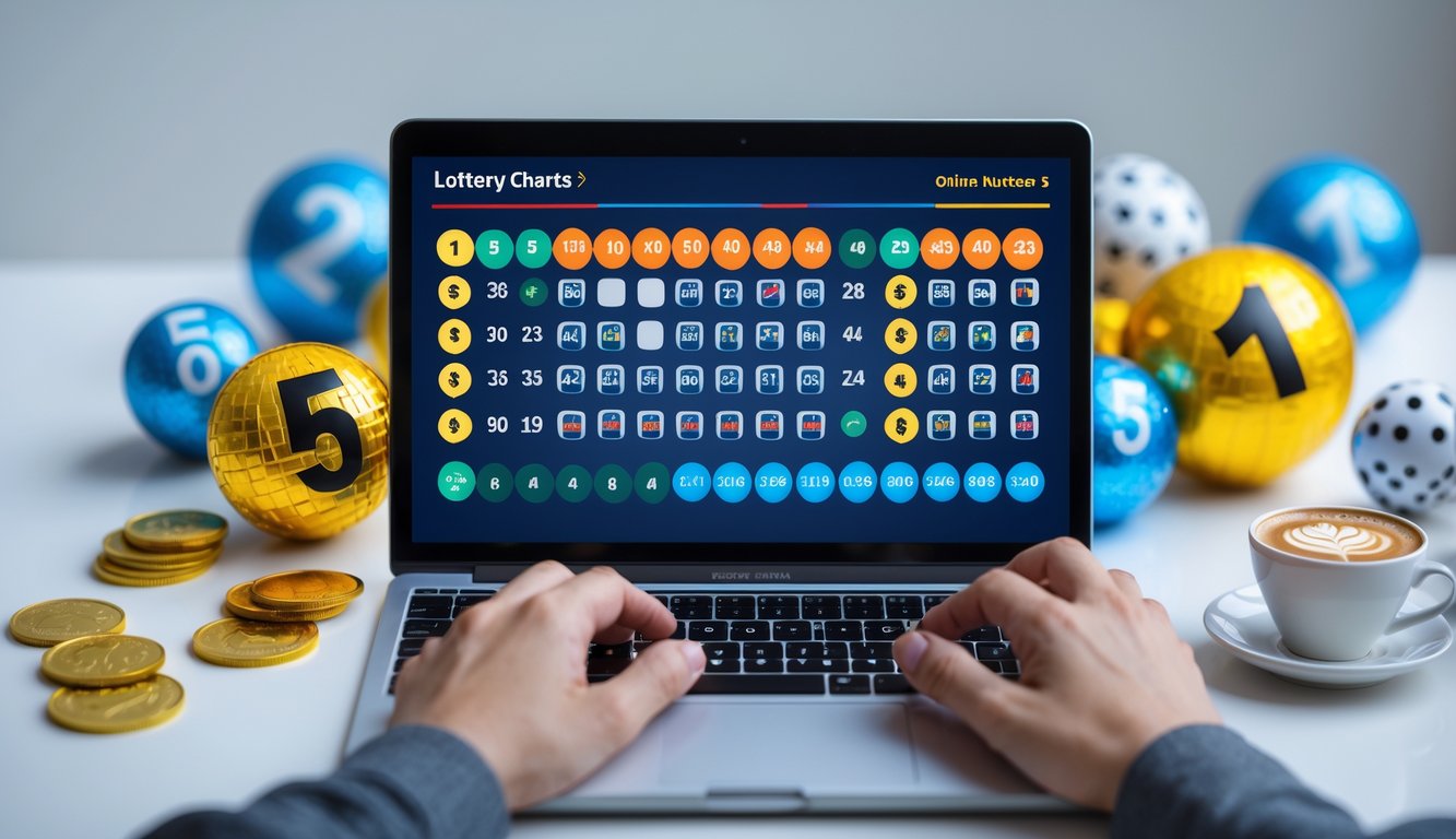 Seseorang menggunakan laptop di meja kerja dengan tampilan angka togel dan koin di sekitar, menunjukkan pengalaman bermain togel online yang menyenangkan dan penuh peluang menang.