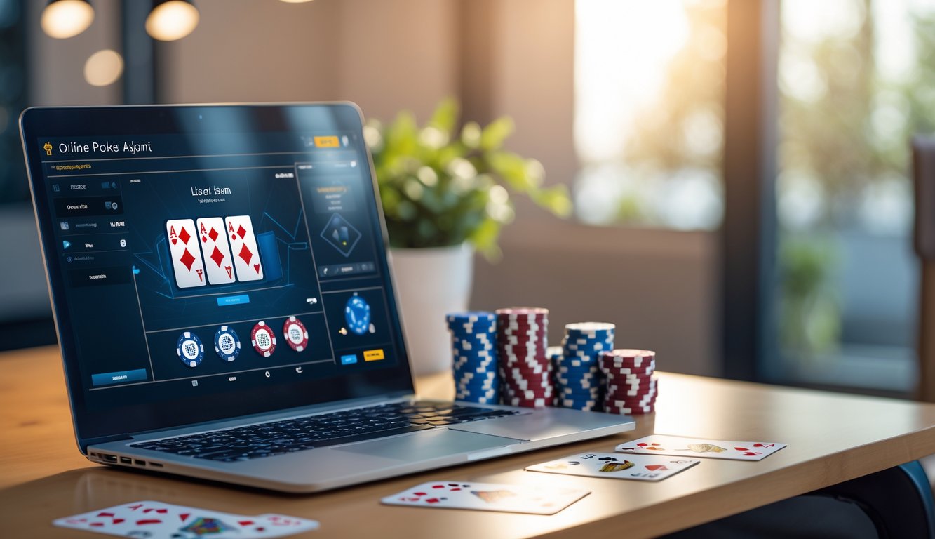 Meja kerja dengan laptop yang menampilkan permainan poker, tumpukan chip poker, dan kartu remi yang tersebar.