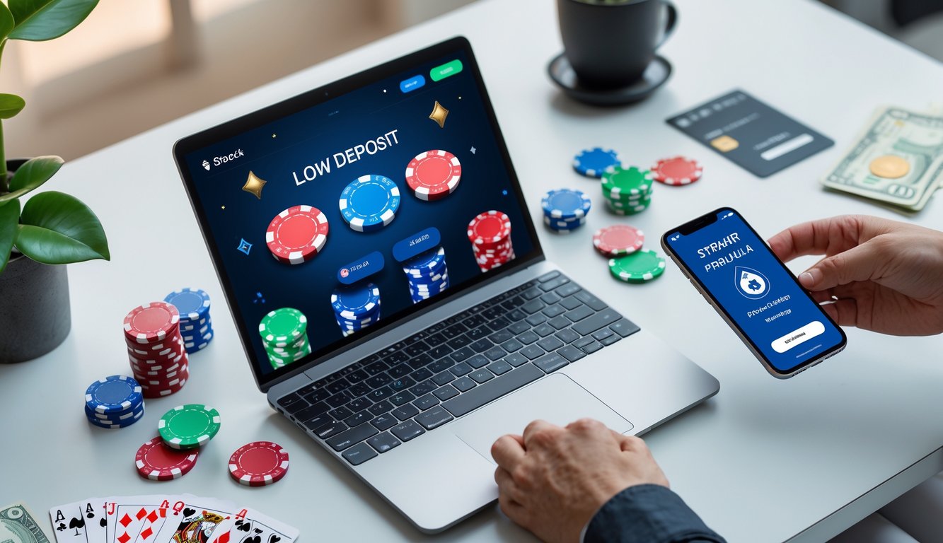 Sebuah laptop dan ponsel di meja dengan permainan poker online dan chip poker di sekitarnya.