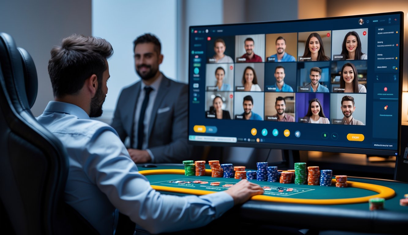 Suasana turnamen poker online dengan meja poker digital di layar komputer dan beberapa orang bermain melalui panggilan video.