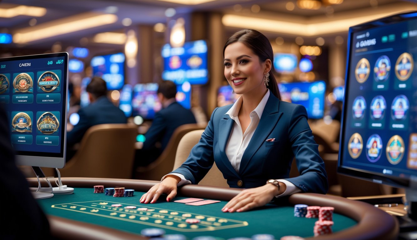 Seorang dealer wanita sedang bermain kartu di meja kasino dengan beberapa pemain yang terlihat di layar komputer di sekitarnya.