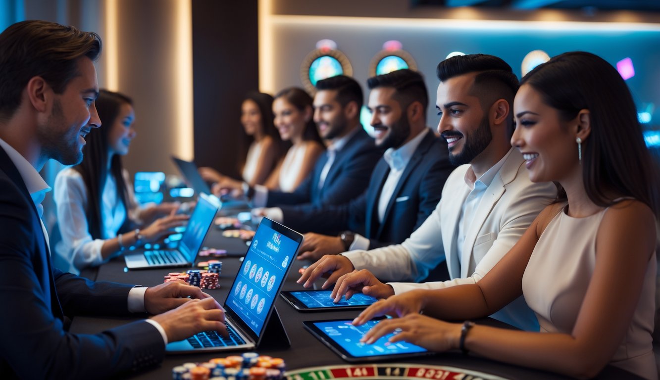 Orang-orang bermain permainan kasino langsung secara online menggunakan perangkat digital di ruangan modern.