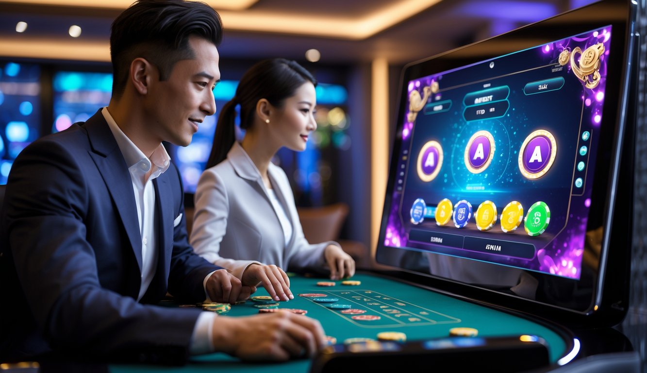 Dua pemain profesional sedang bermain di meja kasino online dengan layar sentuh interaktif, fokus pada permainan dan suasana modern.
