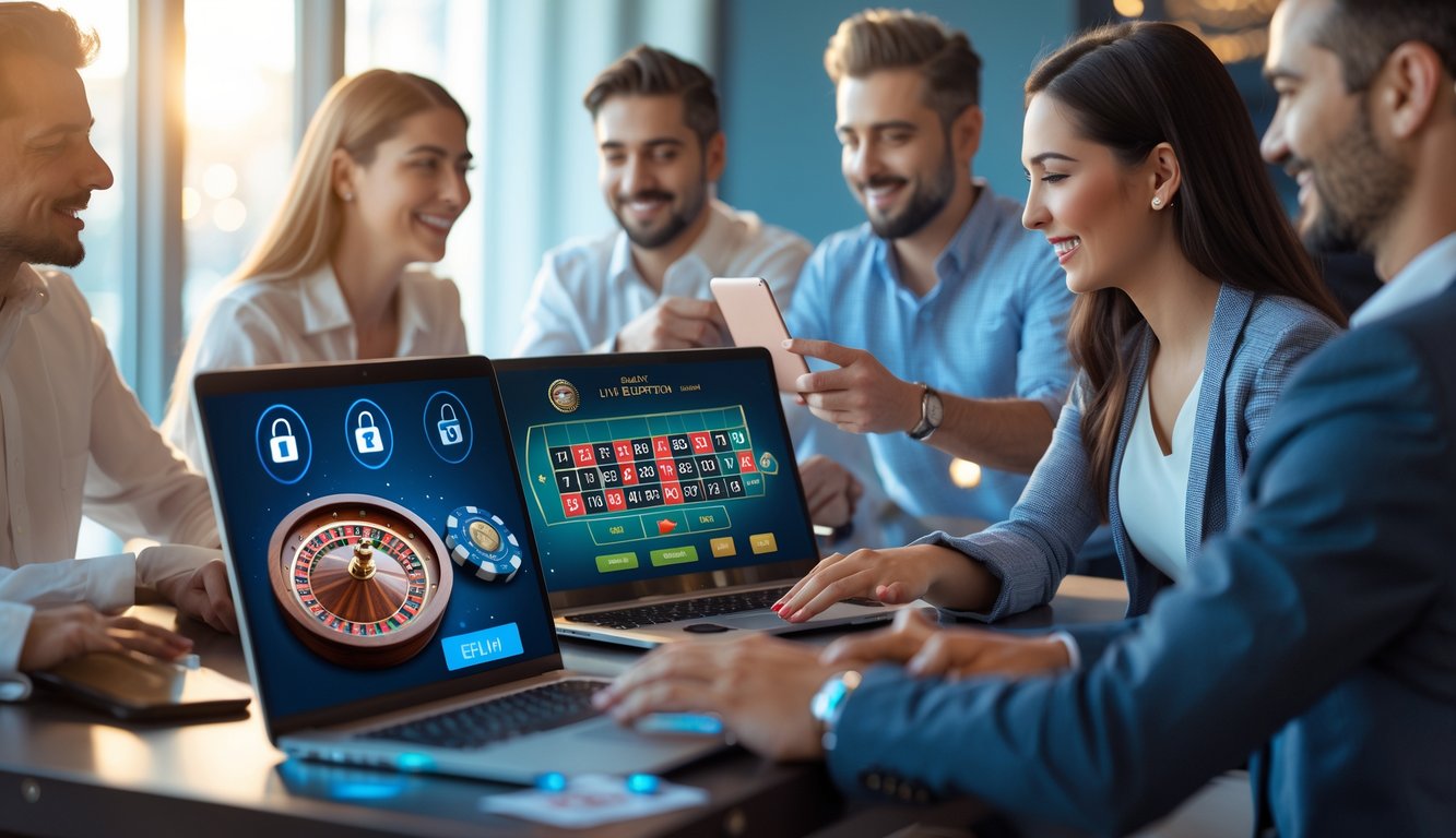 Beberapa orang menggunakan laptop dan ponsel untuk bermain permainan kasino langsung dalam suasana yang aman dan nyaman.