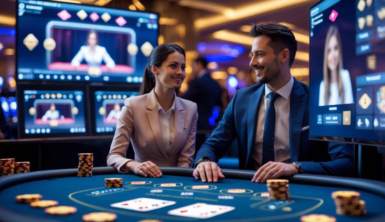 Seorang pria dan wanita duduk di meja permainan kasino online dengan layar digital dan chip, berinteraksi dengan dealer langsung di layar besar.