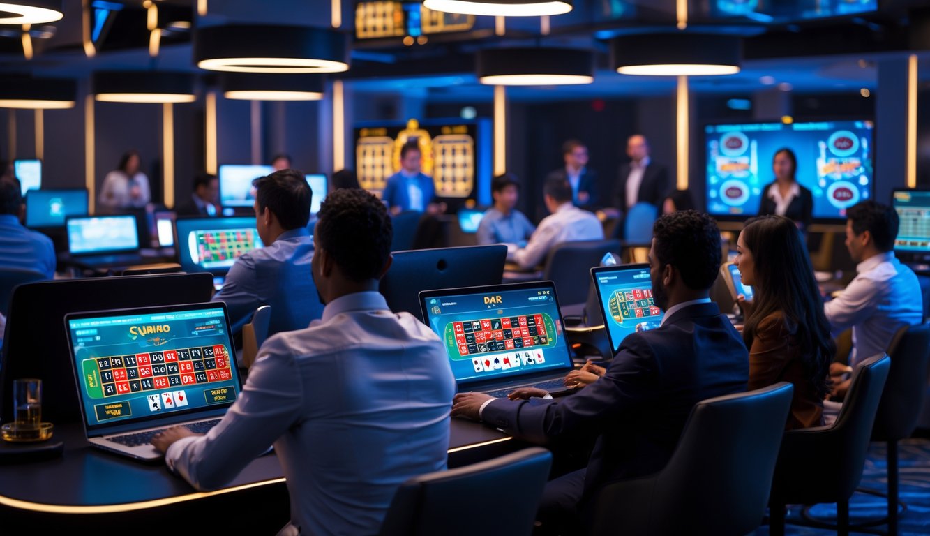 Beberapa orang sedang bermain permainan kasino langsung secara online menggunakan komputer dan ponsel di ruangan yang terang.