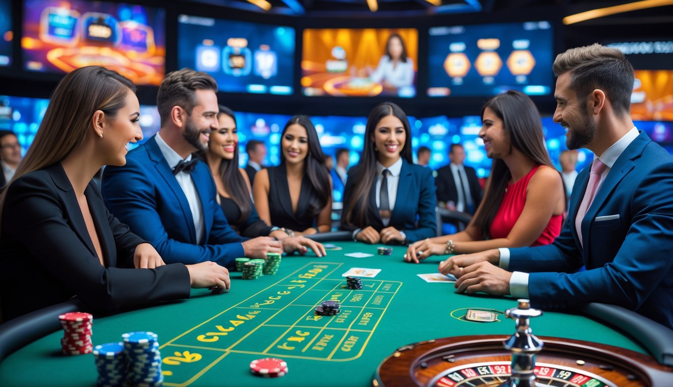 Suasana kasino online langsung dengan dealer dan pemain yang sedang bermain permainan kasino populer di meja hijau.