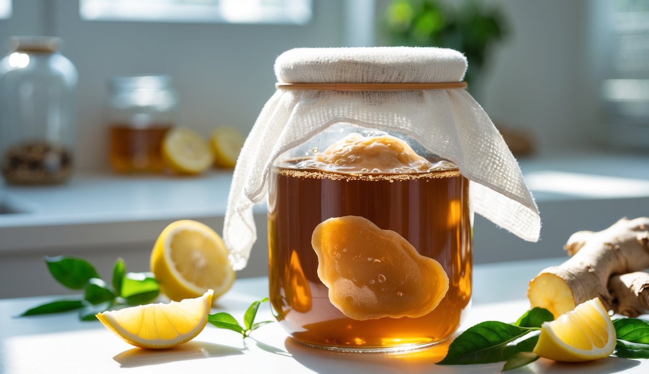 Sebuah toples kaca berisi teh kombucha berwarna cokelat keemasan dengan SCOBY di atasnya, dikelilingi irisan jahe, lemon, dan daun teh di dapur yang terang.