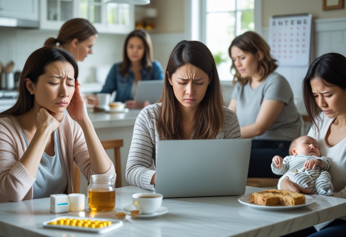 Women showing signs of exhaustion and stress, one sitting tired at a kitchen table with medication, another multitasking while holding a baby and working on a laptop.