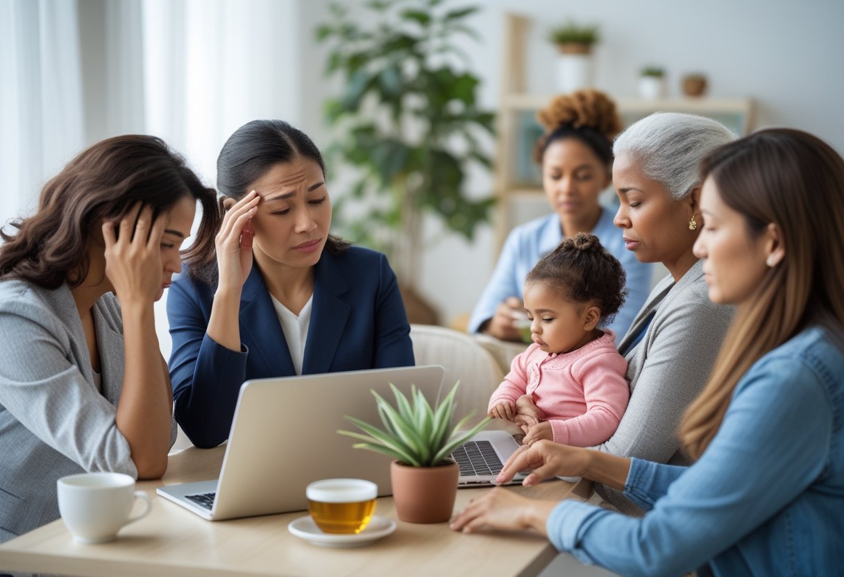 A group of women indoors showing signs of stress and fatigue, with one woman holding her forehead and another multitasking between work and caregiving.