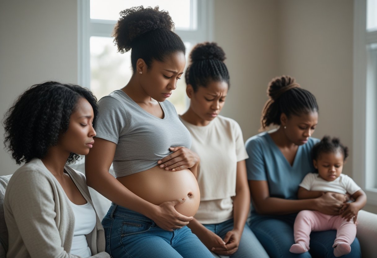 A group of women indoors showing signs of physical and emotional exhaustion, including one holding her abdomen, another looking tired, and a third caring for a child.