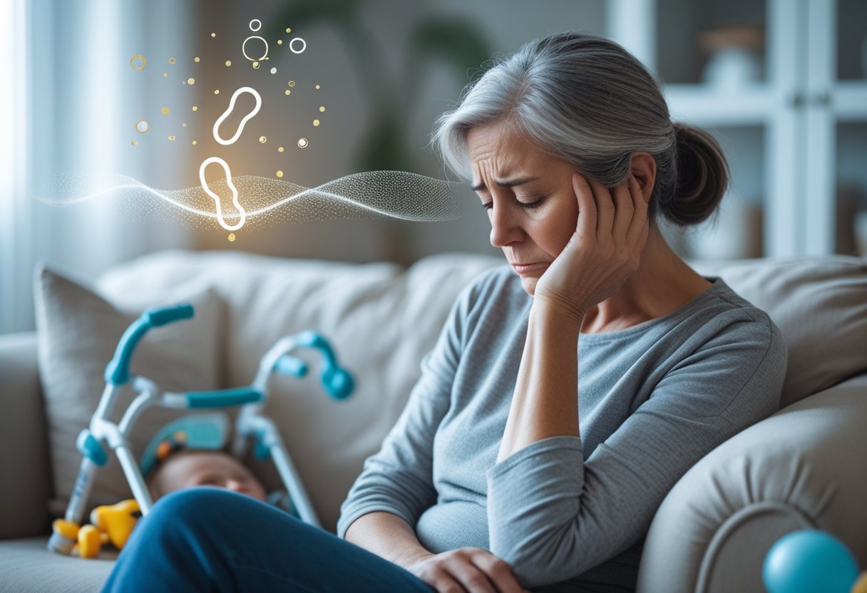 A middle-aged woman caregiver sitting on a couch looking exhausted and contemplative in a home setting with caregiving items nearby.