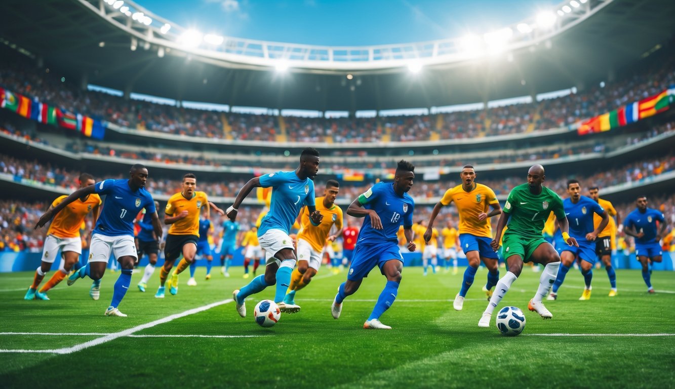 Pertandingan sepak bola internasional dengan pemain dari berbagai negara bermain di stadion besar yang penuh penonton.