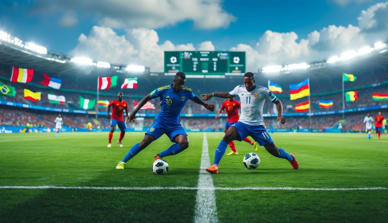 Dua pemain sepak bola sedang beraksi di lapangan hijau dengan stadion penuh penonton yang melambaikan bendera warna-warni di latar belakang.