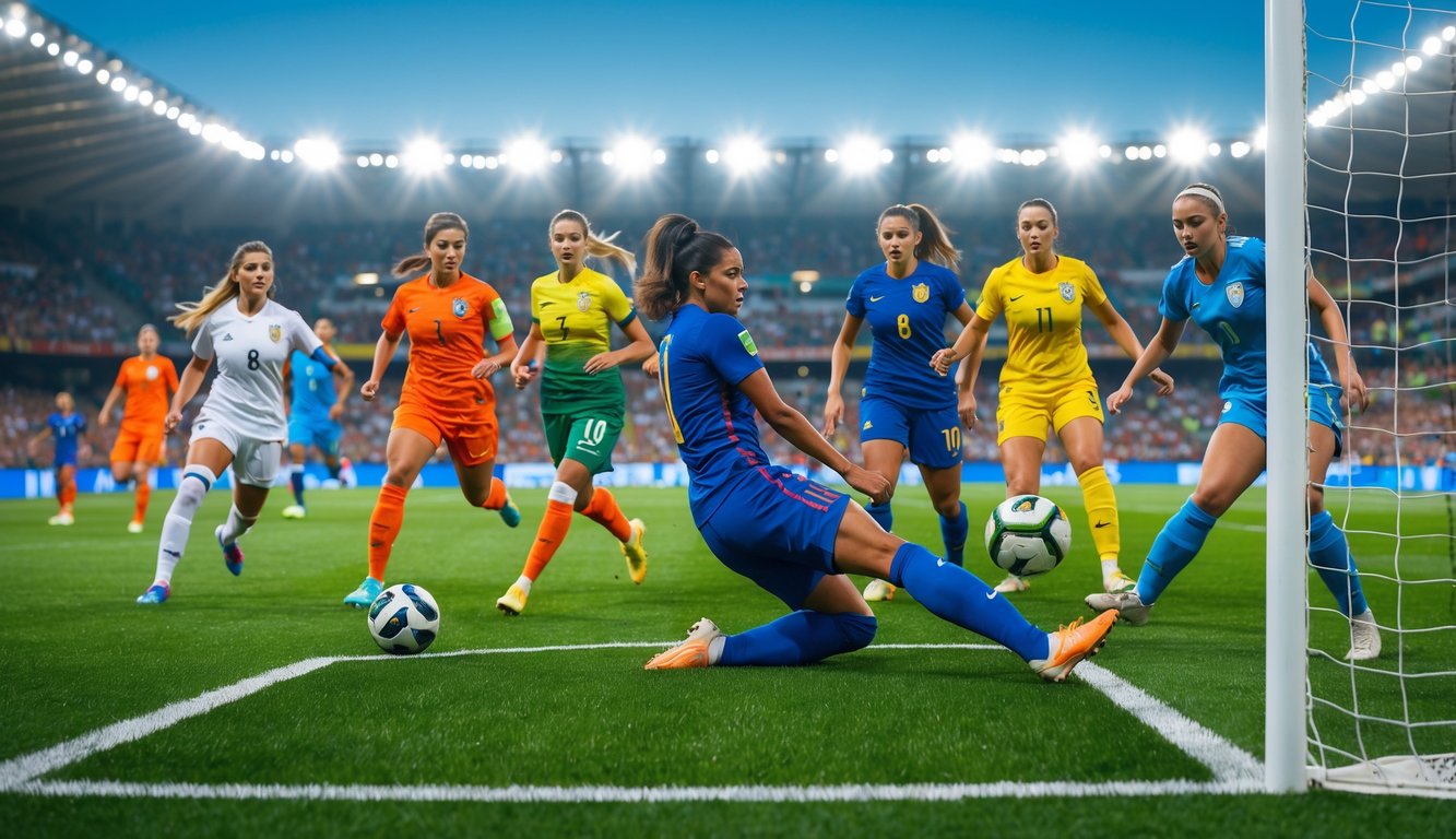 Pertandingan sepak bola internasional dengan pemain dari berbagai negara sedang beraksi di lapangan hijau.