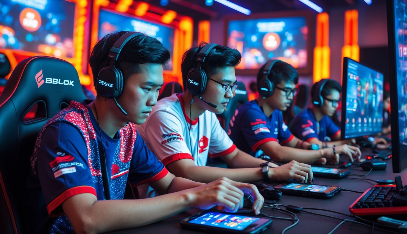Sekelompok pemain muda Indonesia sedang bermain game mobile esports secara kompetitif di arena permainan dengan pencahayaan warna-warni dan layar besar di latar belakang.