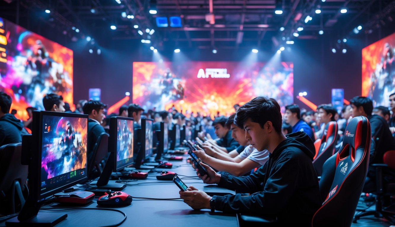 Suasana turnamen esports mobile dengan pemain muda yang fokus bermain di smartphone, layar besar menampilkan permainan, dan penonton yang antusias.