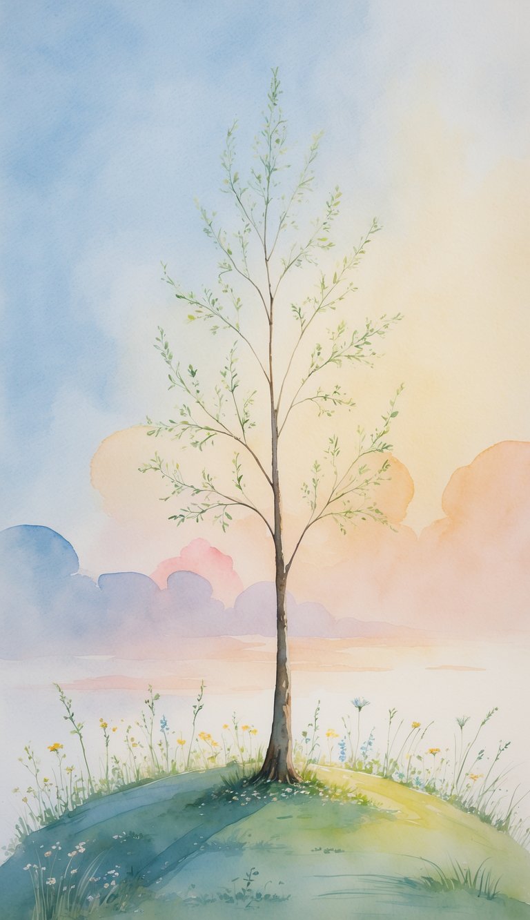 A tall tree standing on a gentle hill surrounded by wildflowers under a calm dawn sky - representing Accept your height.