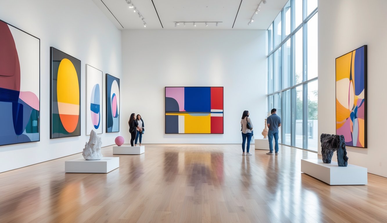 Interior galeri seni dengan lukisan abstrak berwarna-warni dan patung, beberapa pengunjung melihat karya seni di ruangan terang dan luas.