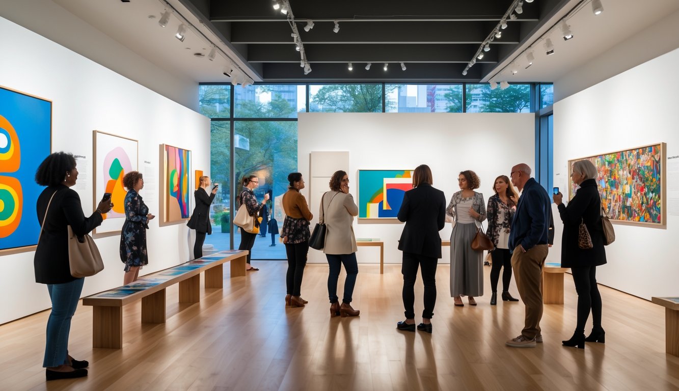 Pengunjung melihat berbagai karya seni modern di sebuah galeri seni yang terang dan luas.