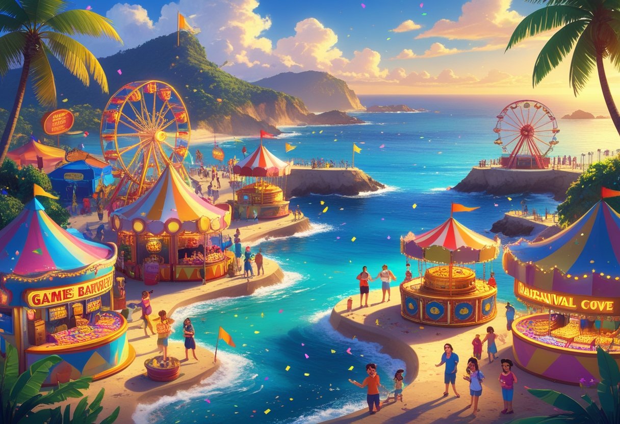 Pemandangan sebuah karnaval di tepi laut dengan berbagai wahana dan pengunjung yang sedang bersenang-senang.