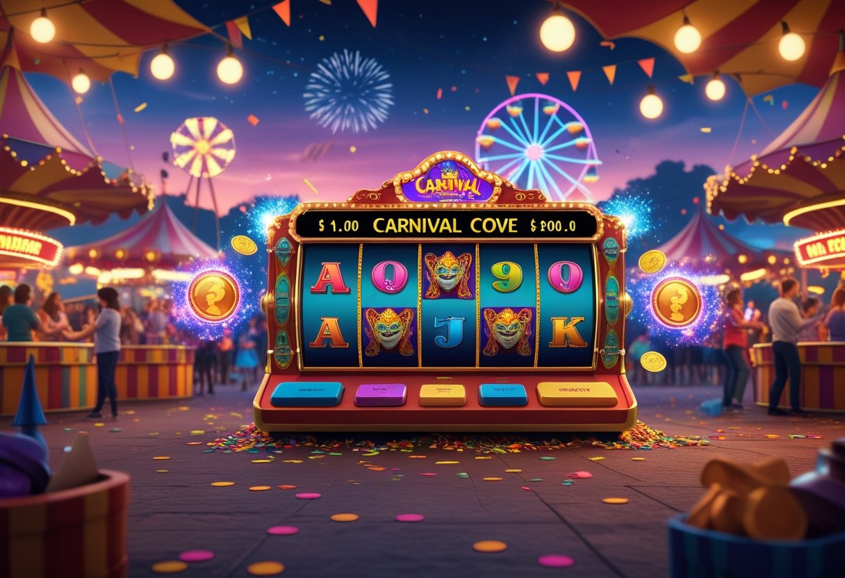 Ilustrasi adegan karnaval dengan mesin slot bertema karnaval, simbol-simbol permainan, dan efek visual bonus di latar suasana ramai dengan lampu dan kembang api.