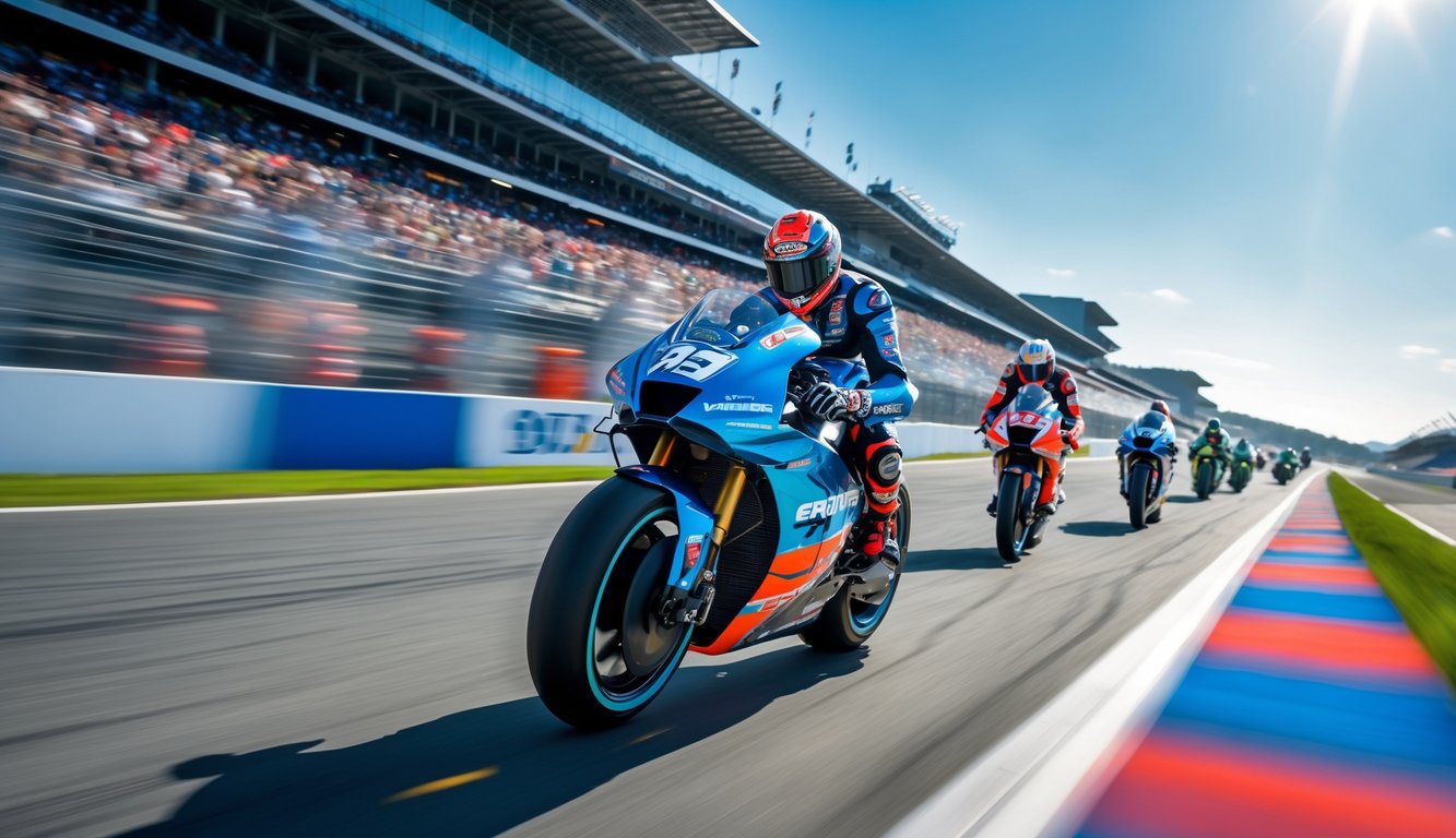 Balapan MotoGP dengan pengendara motor balap futuristik yang melaju cepat di lintasan balap dengan penonton di tribun.