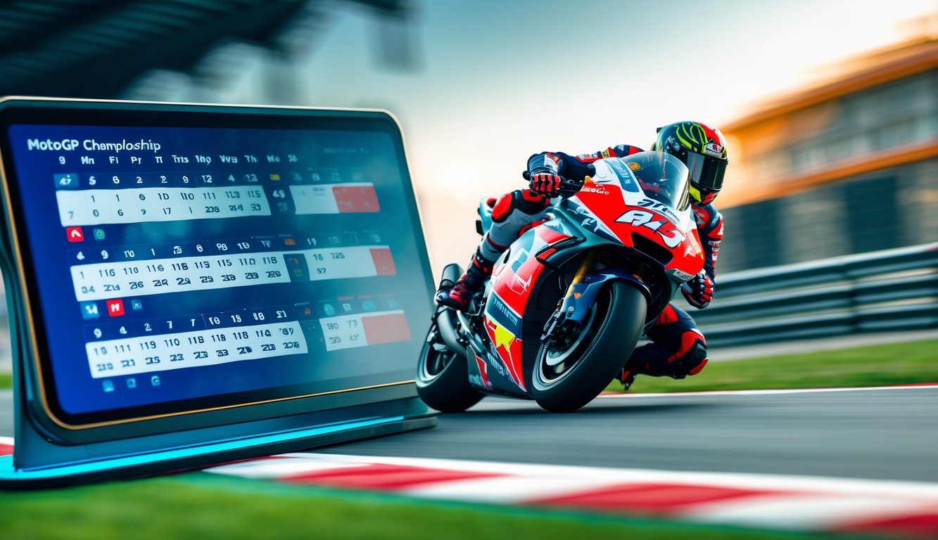 Layar kalender digital menampilkan jadwal balapan MotoGP dengan motor balap dan trek di latar belakang.