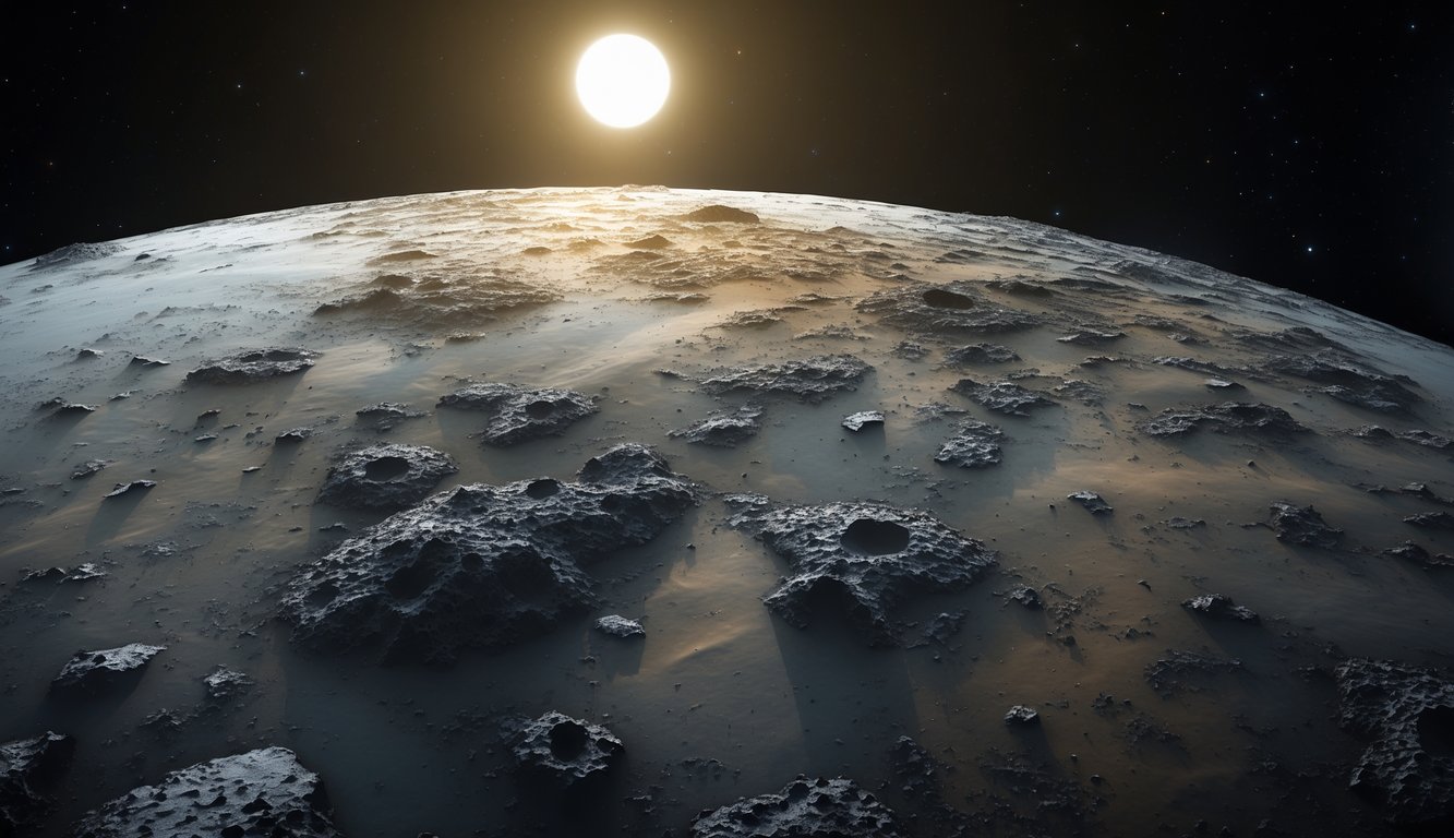 Gambaran planet Merkurius dengan permukaan berbatu dan kawah, latar belakang ruang angkasa gelap dengan bintang-bintang jauh.