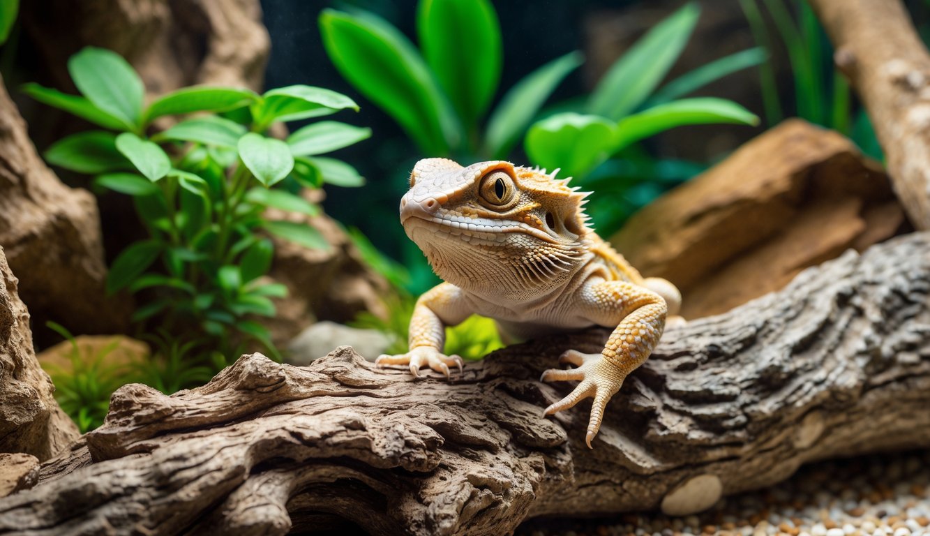Reptil peliharaan berwarna cerah sedang duduk di atas cabang dalam terrarium dengan tanaman hijau dan latar belakang alami.
