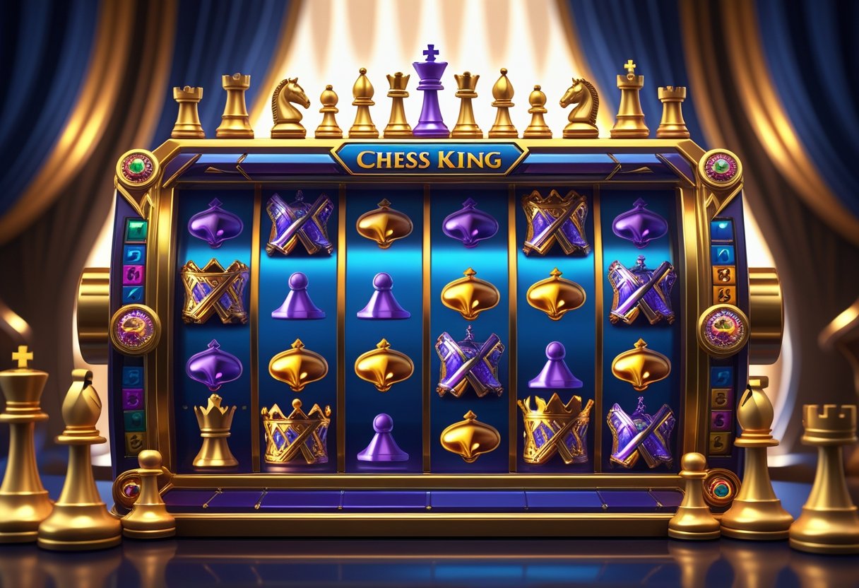 Ilustrasi mesin slot bertema catur dengan berbagai buah catur di sekitar dan latar belakang mewah berwarna biru dan emas.