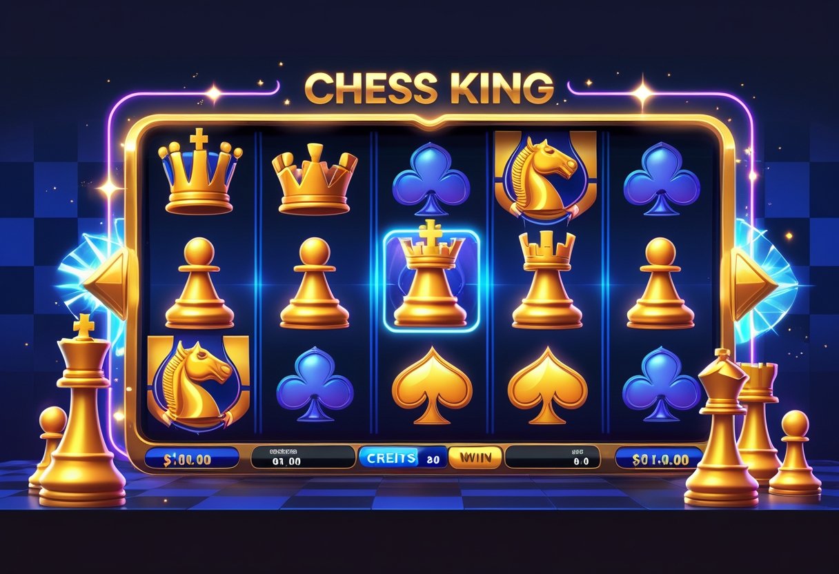 Ilustrasi mesin slot online dengan tema catur, menampilkan simbol bidak catur seperti raja, ratu, dan kuda dalam suasana permainan yang menarik dan modern.