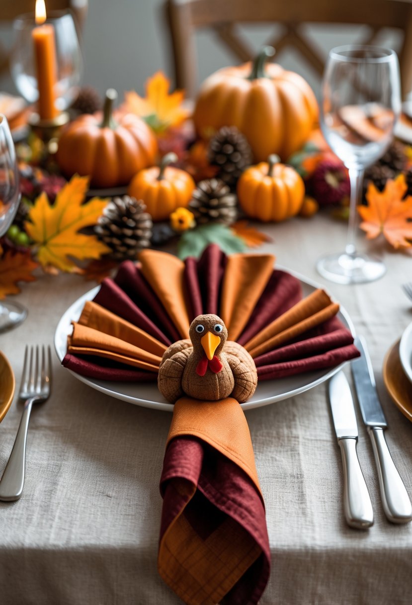A fall-themed dining table with a turkey-shaped napkin fold surrounded by pumpkins, autumn leaves, and rustic decorations.