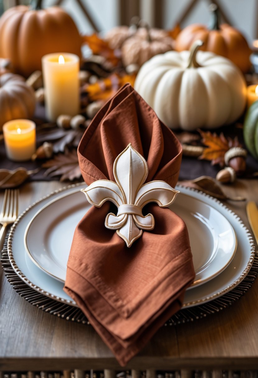 A table set for fall with a folded napkin shaped like a Fleur De Lis surrounded by autumn decorations and warm candlelight.