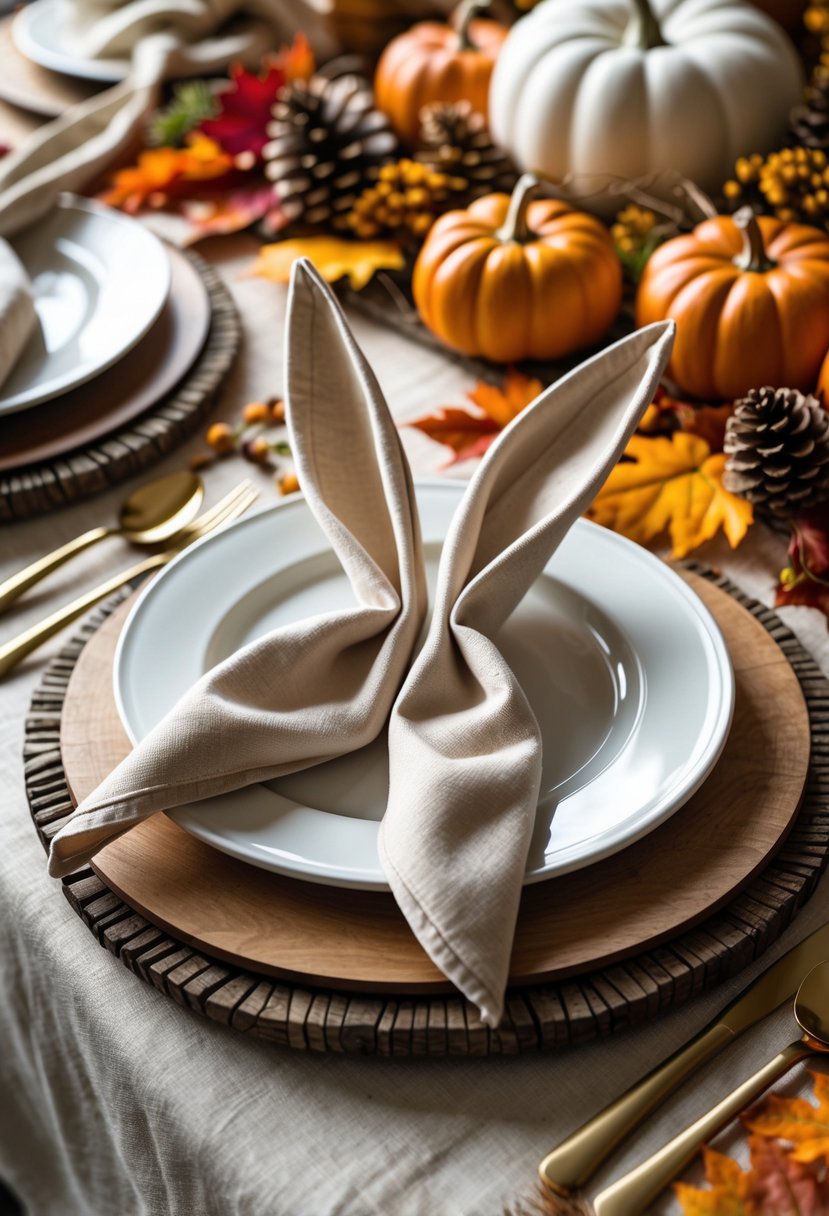 A dining table set with plates featuring napkins folded into bunny ears, surrounded by autumn decorations like small pumpkins and colorful leaves.