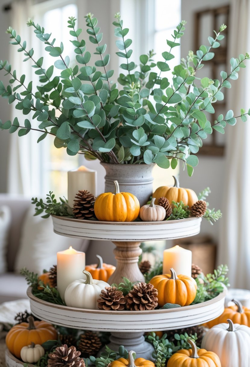 A tiered tray decorated with faux green eucalyptus branches, small pumpkins, pinecones, and candles arranged for fall.