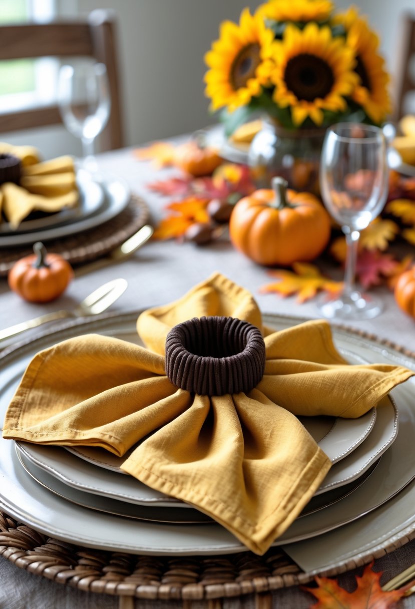 A dining table set with sunflower-shaped folded napkins on plates, surrounded by fall decorations including pumpkins and autumn leaves.