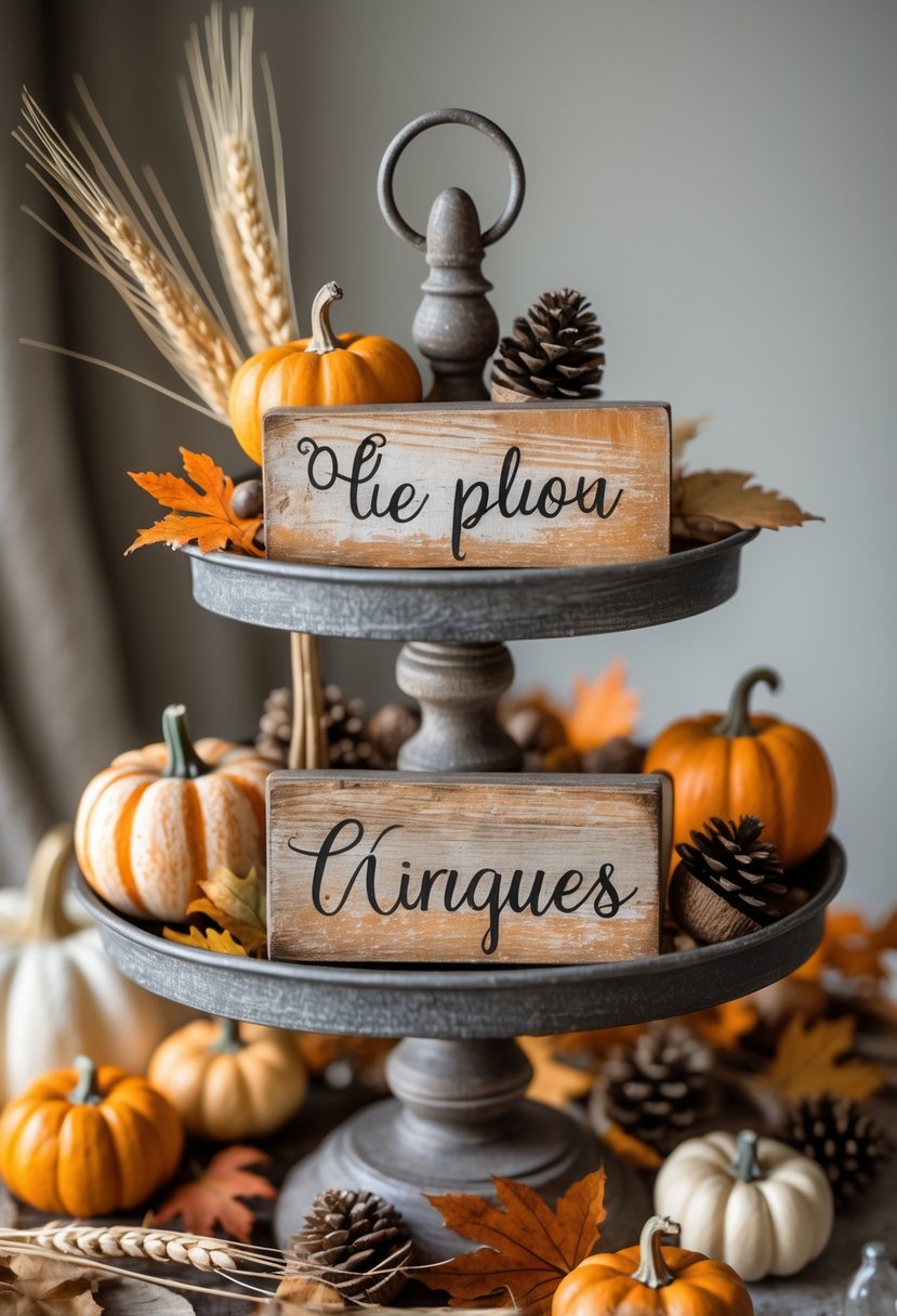 A tiered tray decorated with small rustic wooden signs and autumn-themed items like pumpkins, dried leaves, and pinecones.
