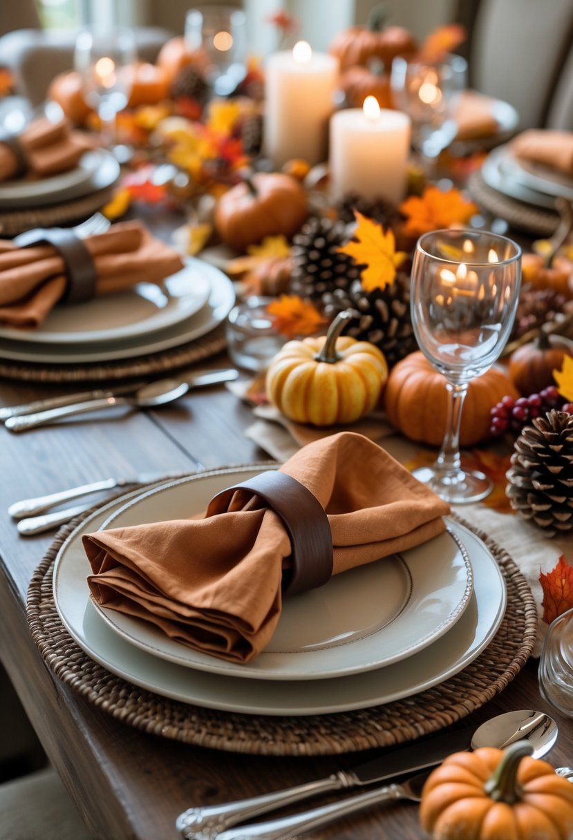 A fall dining table set with neatly folded napkins, autumn decorations, plates, cutlery, and candles.