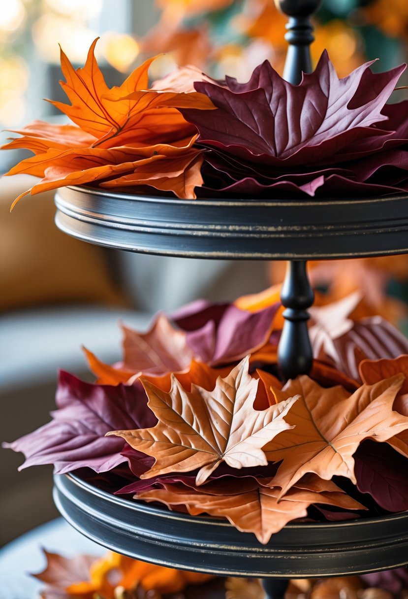 Close-up of layered orange and burgundy silk leaves arranged as fall decor on a tiered tray.