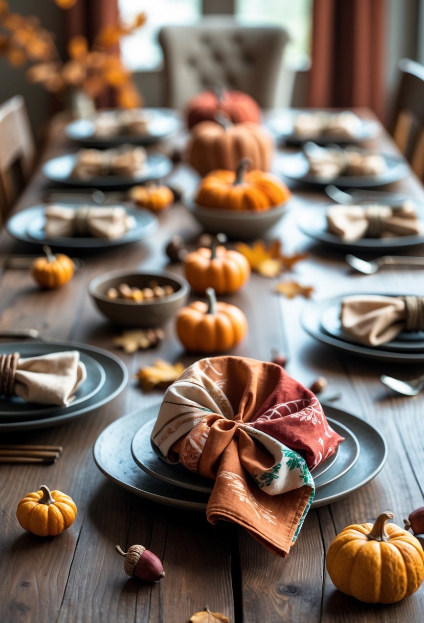A fall-themed dining table with 15 neatly folded napkins in autumn colors arranged around plates, decorated with small pumpkins, acorns, and dried leaves on a wooden table.