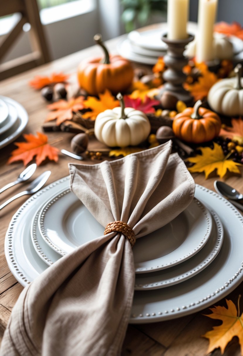 A dining table with a fan-shaped folded napkin on a plate surrounded by fall decorations like pumpkins and colorful leaves.