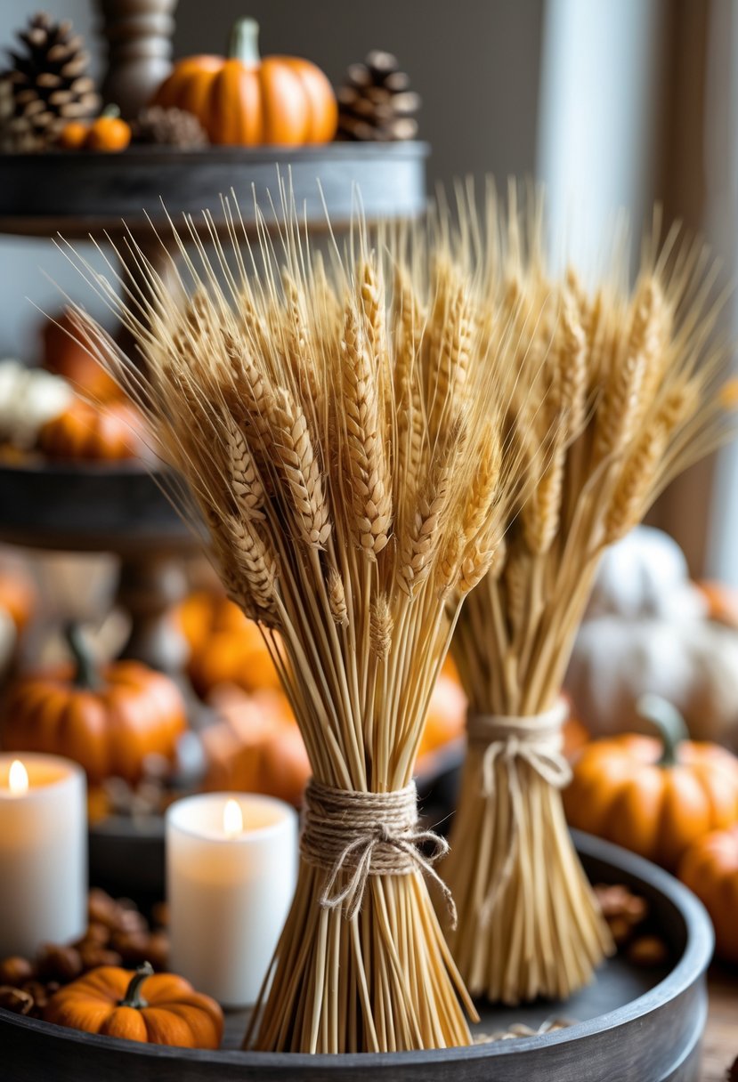 Sprigs of dried wheat tied with twine arranged with fall decorations on a tiered tray.