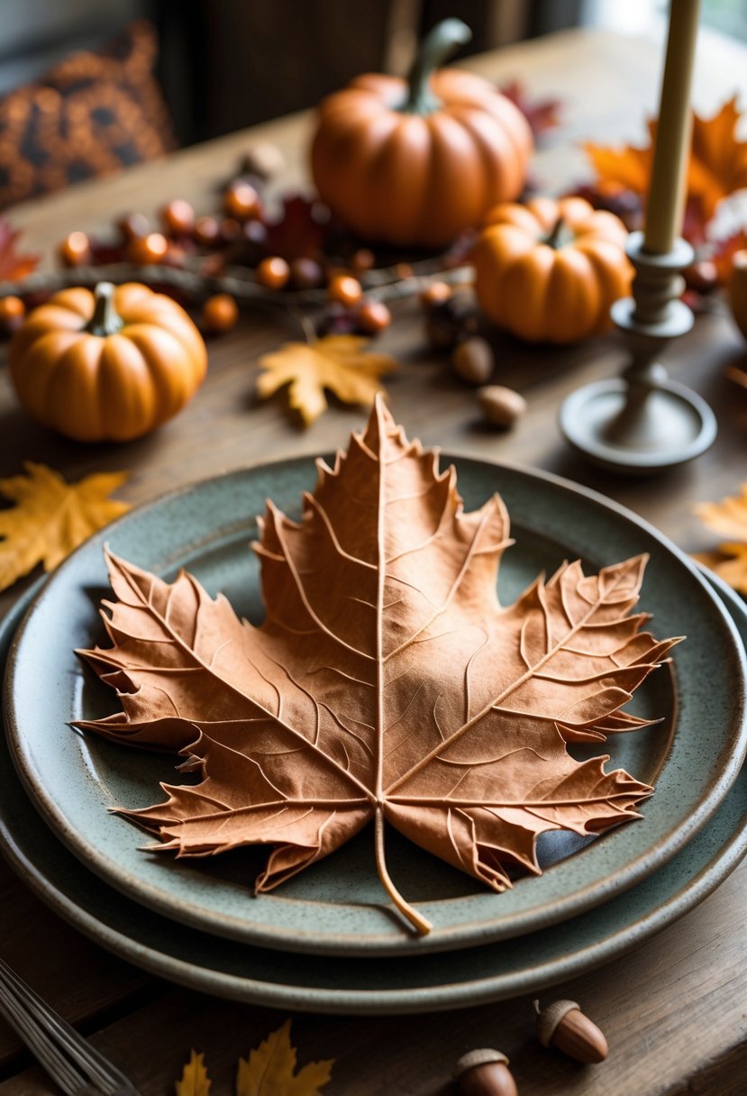 A table set for fall with a leaf-shaped napkin folded on a plate surrounded by autumn decorations.
