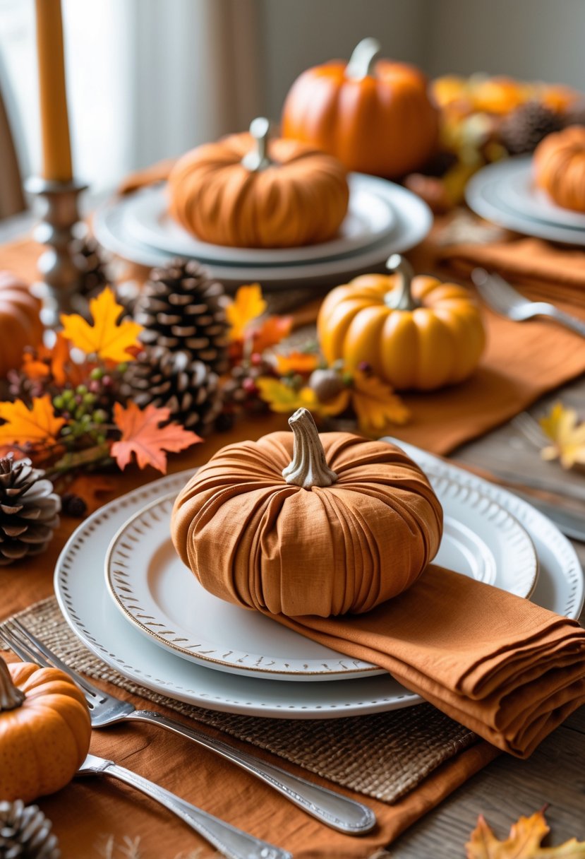A dining table set with plates featuring napkins folded into pumpkin shapes, surrounded by small pumpkins, pinecones, and autumn leaves.